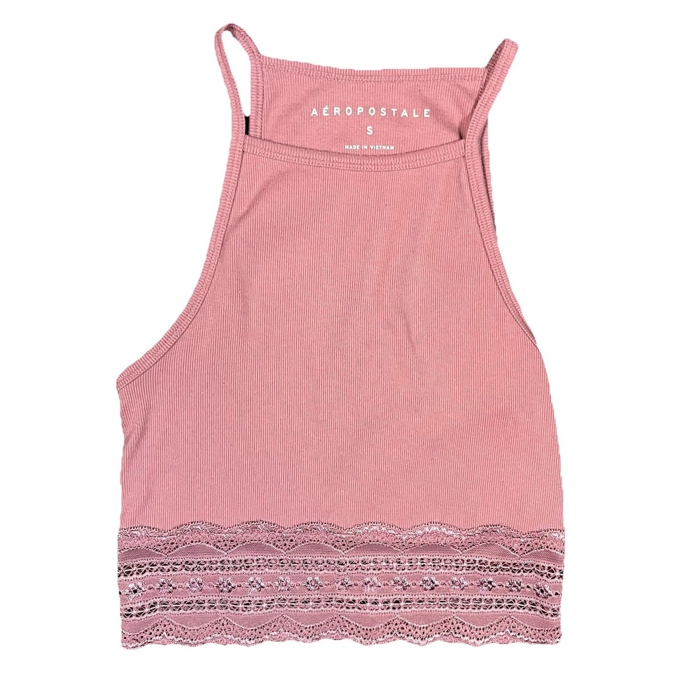 Aeropostale Tank Top Dusty Pink Trim Cropped SZ Small Boho Coquette Y2K Feminine